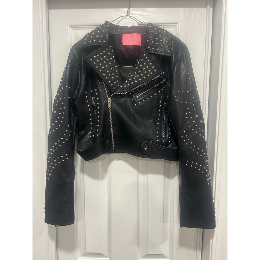 Azalea Wang Bellavita Black Studded Faux Leather Moto Jacket‎ Womens Large